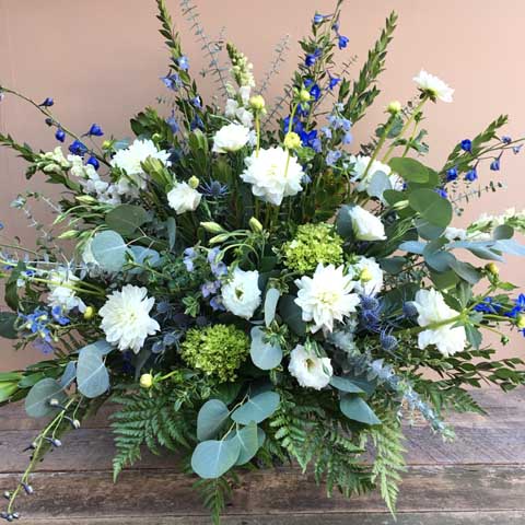 (image for) Blue and White Funeral Flower Arrangement - Click Image to Close