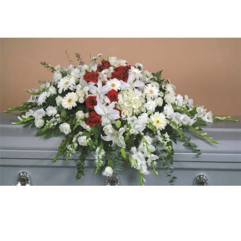 Red and White Casket Flower Spray - Click Image to Close